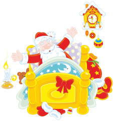 Santa Claus yawning and stretching oneself in his bed
