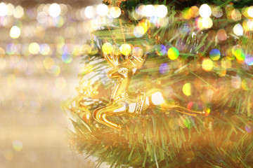 Double Exposure  Gold Christmas background of de-focused lights
