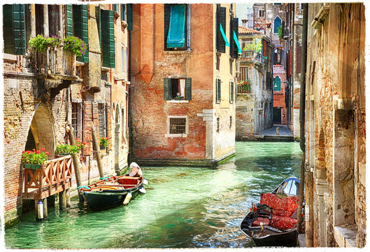 Fototapeta Romantic Venetian canals - artwork in painting style