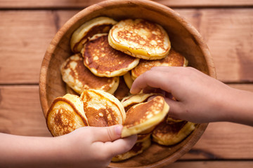 Homemade Pancakes with honey and glass of milk in wooden dish. Pumpkin Pancakes.