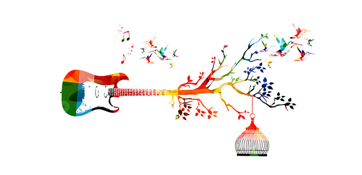 Creative music style template vector illustration, colorful guitar, nature inspired instrument background with birds. Design for poster, brochure, banner, flyer, concert, music festival, music shop
