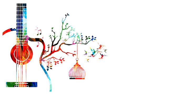 Creative music style template vector illustration, colorful guitar, nature inspired instrument background with birds. Design for poster, brochure, banner, flyer, concert, music festival, music shop