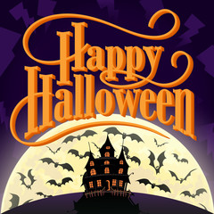 Happy Halloween Vector Illustration with Bats, Moon and an Enchanted House.