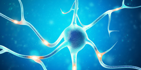 Neurons in the brain with focus effect. 3d rendering