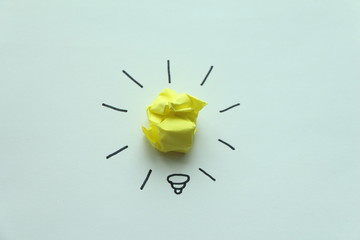 creative inspiration from paper light bulb metaphor for good idea concept on white background / solution thinking answer.