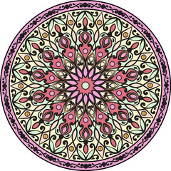 Drawing of a floral mandala in pink, yellow and green colors on a white background. Hand drawn tribal  vector stock illustration
