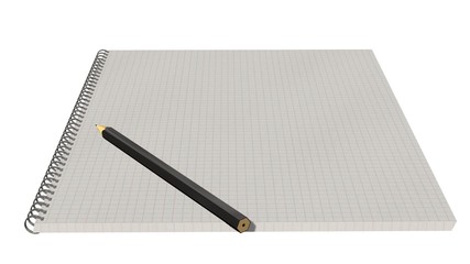 Blank spiral bound notebook with squared paper and pencil isolated on white