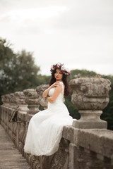 Fototapeta na wymiar Gorgeous romantic gentle stylish beautiful caucasian bride on the background ancient baroque castle