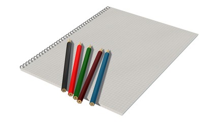 Blank spiral bound notebook with squared paper and color pencil isolated on white 