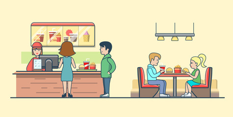 Linear Flat Couple eating burgers clients order vector Fast food