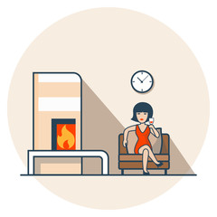 Linear Flat Woman drink wine sit living room fire vector Casual