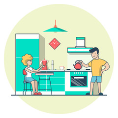 Linear Flat Couple eating kitchen vector Casual life