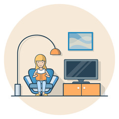 Linear Flat Casual life woman sit read book living room vector