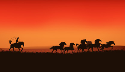 Fototapeta na wymiar wild west landscape with cowboy chasing mustang horses herd