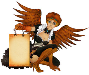 Beautiful steampunk girl with wings holding a empty banner. illu