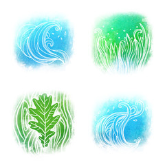 llustrated icon set of waves an grass symbols