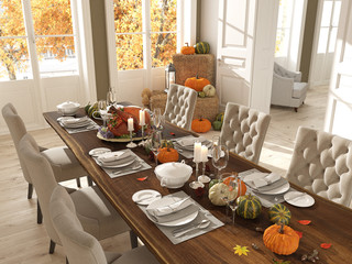 nordic kitchen in an apartment. 3D rendering. thanksgiving concept.