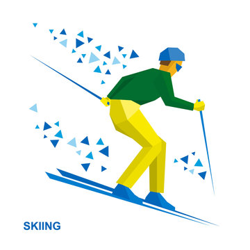 Winter sports - Skiing. Skier running downhill. Cartoon sportsman ski slope down from the mountain. Flat style vector clip art isolated on white background.