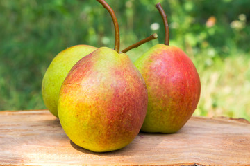 Three ripe organic pears on wooden board, blurred background, selective focus.