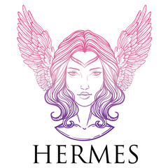 Vector illustration of the Greek god Hermes in the form of a woman. The girl goddess, Mercury with wings. Hand-drawn vintage linear tattoo design. Isolated vector art.