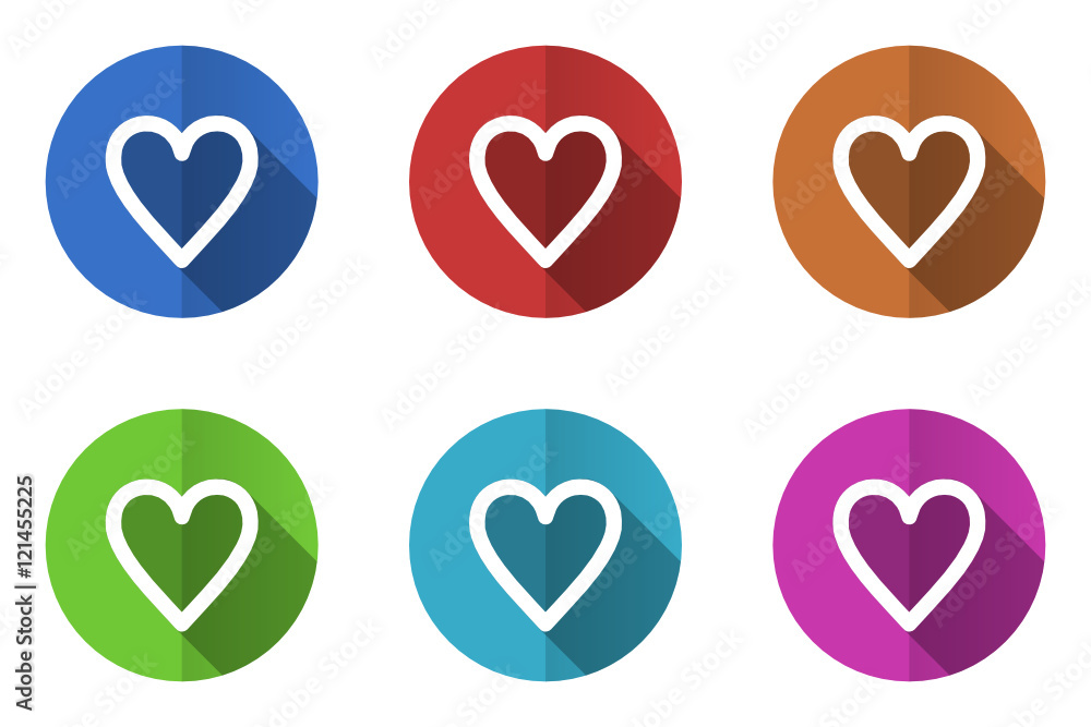 Poster Flat design vector icons. Colorful heart web buttons set.