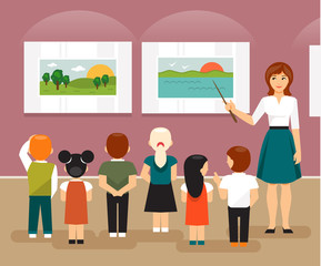 Children in the museum. Vector illustration