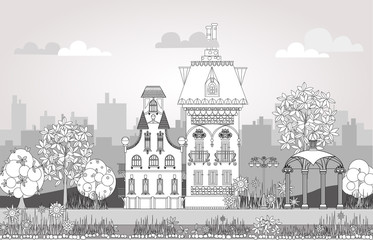 Doodle of beautiful city with very detailed and ornate town houses, gardens,  trees and lanterns. City background