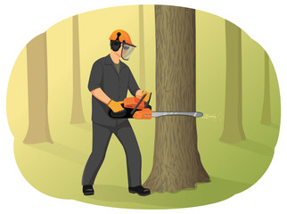 Logger in helmet cutting tree trunk with chainsaw. Timber harvesting. Natural forest restoration.