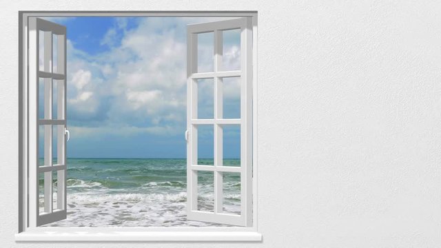 Looking out through the window at the sea in summer
