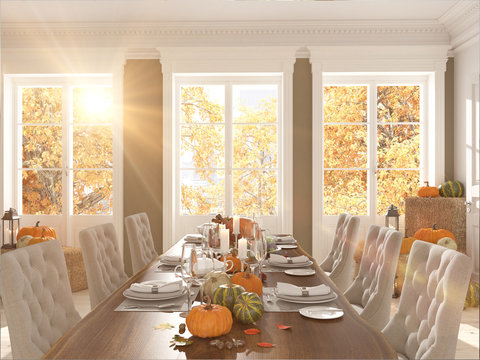 nordic kitchen in an apartment. 3D rendering. thanksgiving concept.