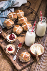 creamy tea, hot cross bun