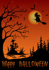 Holiday Halloween Landscape, Witch Flying on Broom Over Forest and Marsh With Castle Mushroom, Black Silhouette Against Tree With Owl, Bats And Moon in Sky. Element of Image Furnished by NASA. Vector