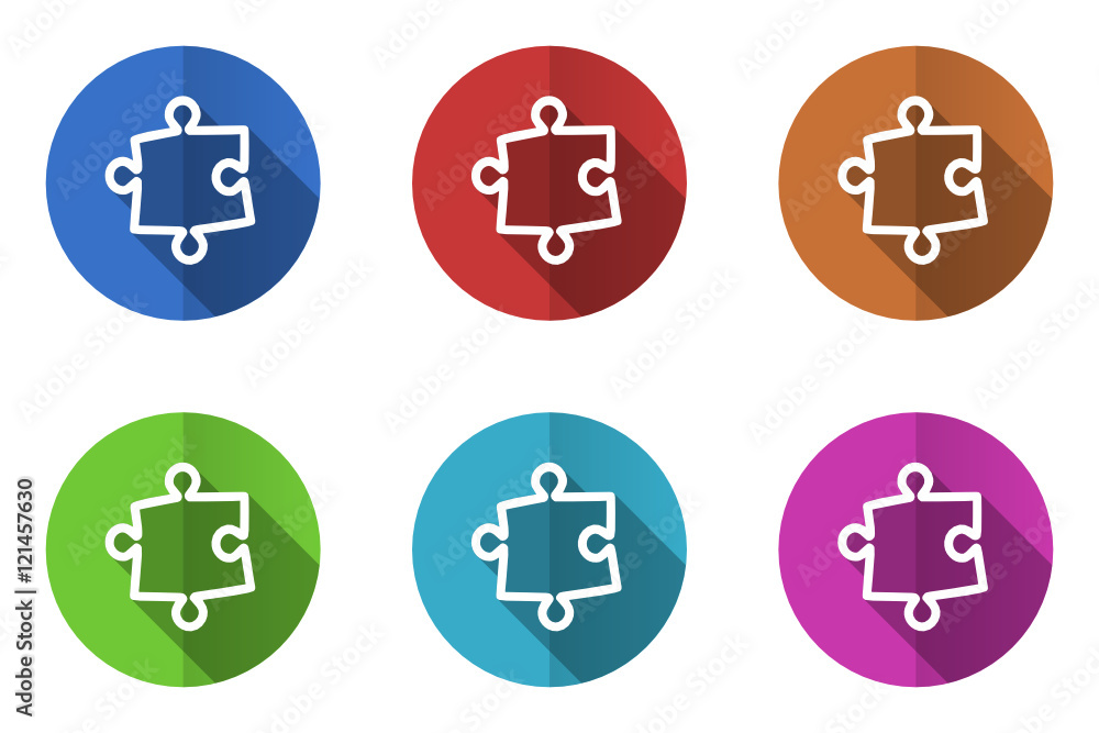 Poster Flat design vector icons. Colorful puzzle web buttons set.