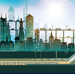 Modern City with skyscrapers, cranes and underground tube station with platform and carriages
