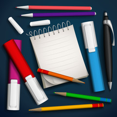 Set of felt pens, pencils, pen and notebook. Place for your text. Vector illustration.
