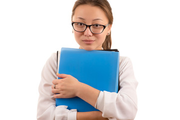 Korean girl student in glasses with blue folder