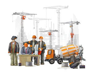 Builders on the building site. Industrial illustration with workers, cranes and concrete mixer...