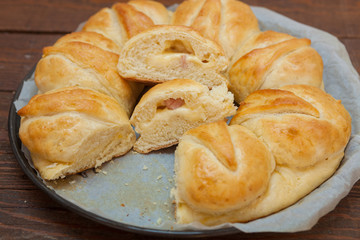 Homemade bread with cheese and salami