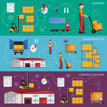 Warehouse management concept flat design vector illustration. Shipment and delivery banners set. Warehouse process infographics. Porter on a truck to ship the goods.