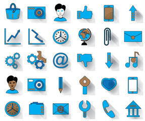 Thirty blue favicon flat icons on a white background for site