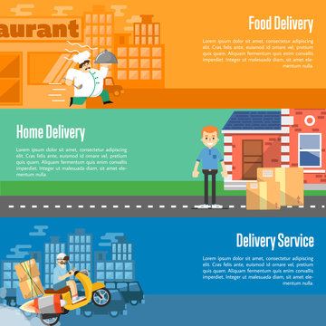 Delivery boy on scooter with cardboard boxes, postman with parcels near house, chef in uniform running with restaurant cloche. Food and home delivery service horizontal banners, vector illustration