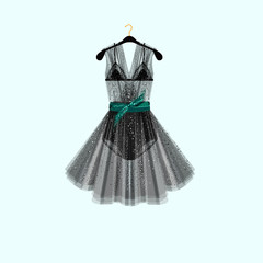Black dress for special event. Dress with lingerie elements and rhinestones.Vector fashion illustration. 