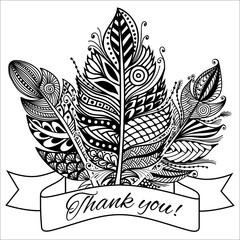 Hand drawn zentangle feather on white background