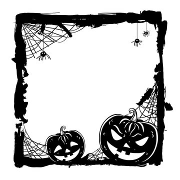 Halloween abstract background with pumpkins and black spiders 