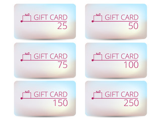 Gift card with a gift box. Realistic gift card with a gradient background color. Set of vector illustrations.