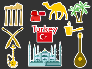Turkey stickers. Turkish symbols: The Blue Mosque, the Agora, the Turkish hat, shisha, camel, scimitar, guitar. Patches elements Turkey. Vector illustration.