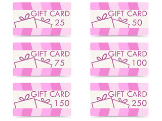 Gift card with a gift box. The values of cards 25, 50, 75, 100, 150, 250. Set of vector illustrations.