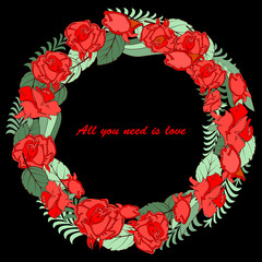 Floral garland with doodles roses flowers. Round shape emblem made of flowers. Doodles element. Valentines day card,heart,  herbs and flowers doodles.