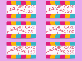 Gift card with a gift box. The values of cards 25, 50, 75, 100, 150, 250. Set of vector illustrations.