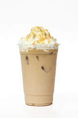 Iced coffee cafe latte with cream and caramel